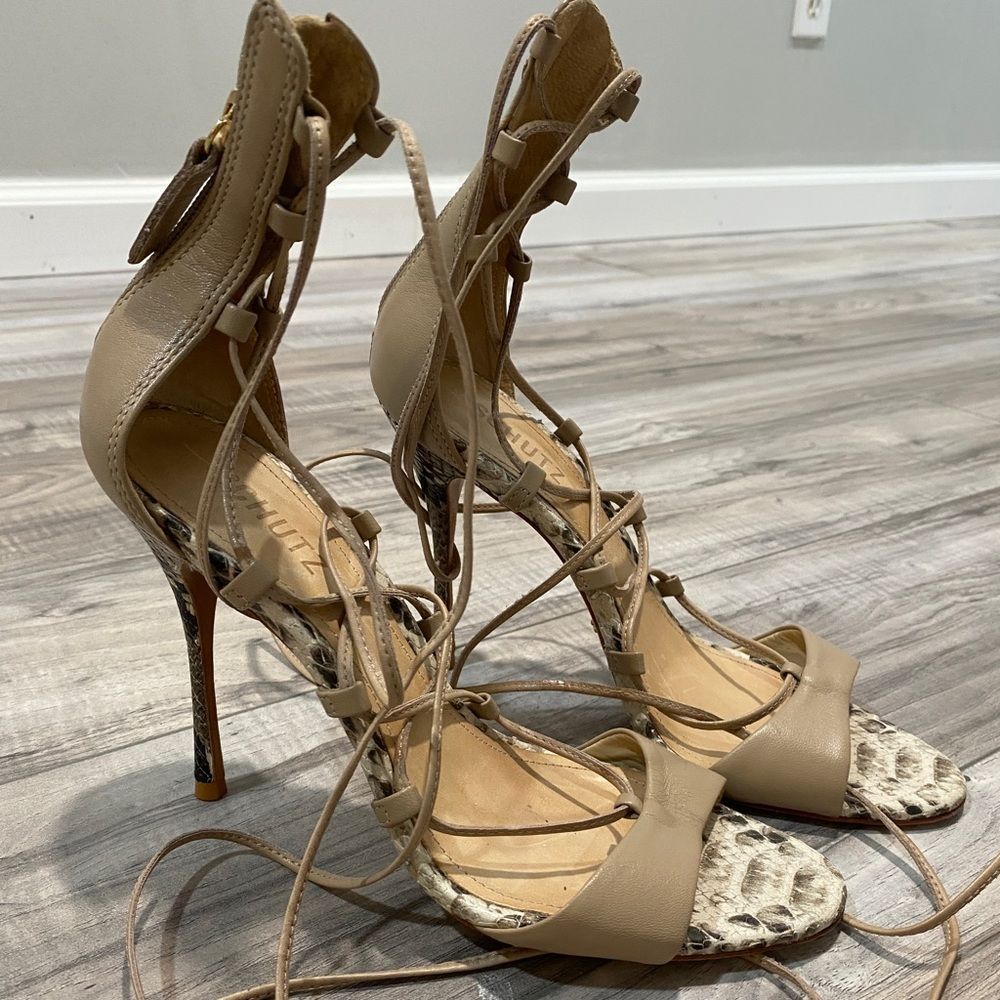 Schutz Nude Snakeskin Tie Up Sandals